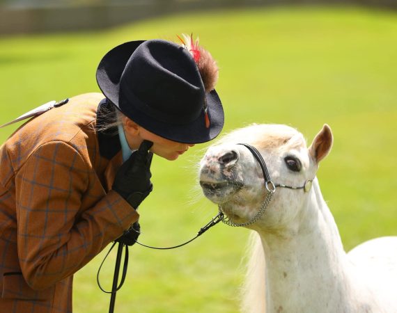 Person in a brown plaid jacket and black hat leaning toward a white horse in a green field outdoors.